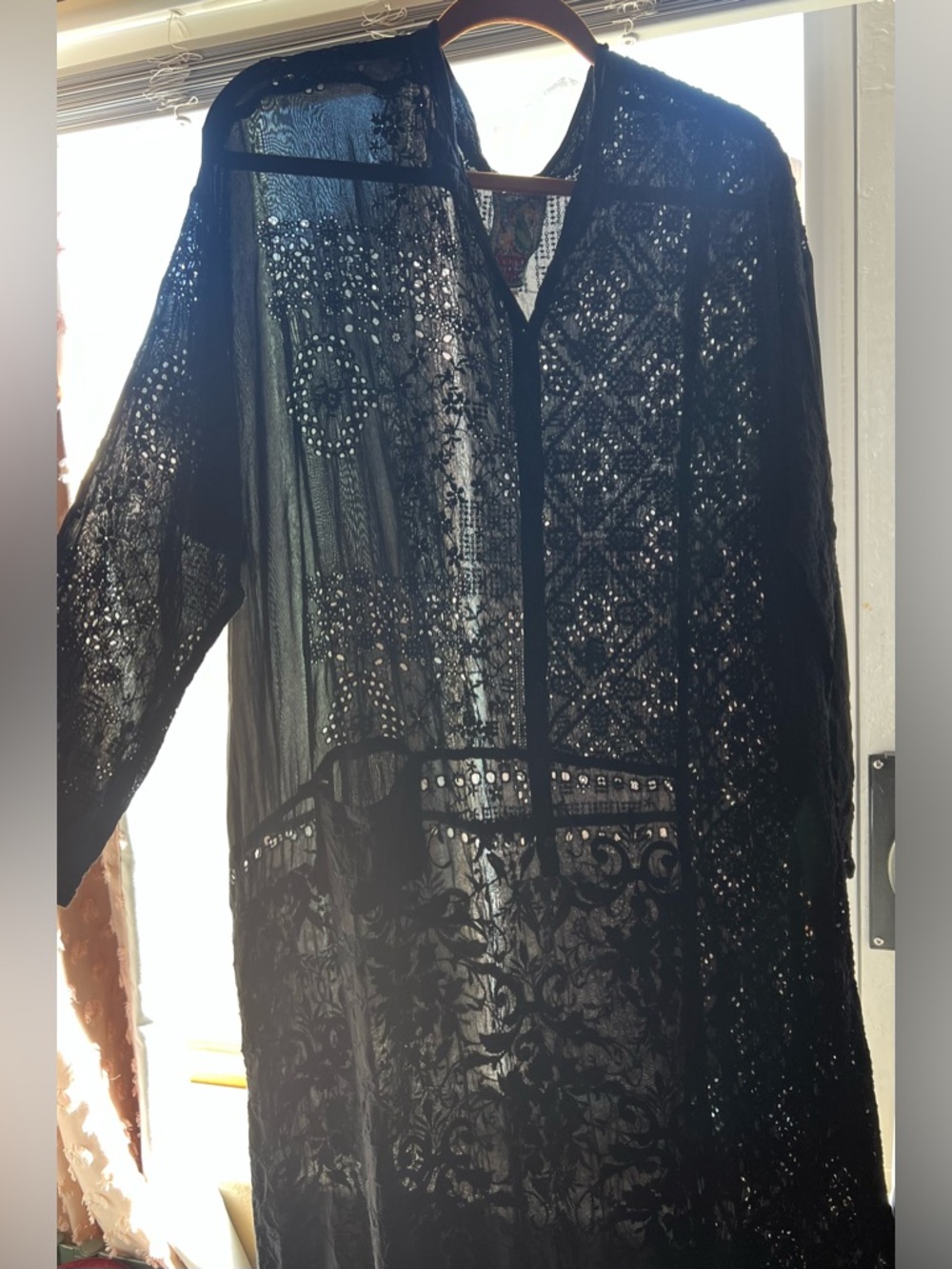 Johnny Was Black Embroidered Eyelet Semi-Sheer Maxi Duster Dress - Picture 4 of 9